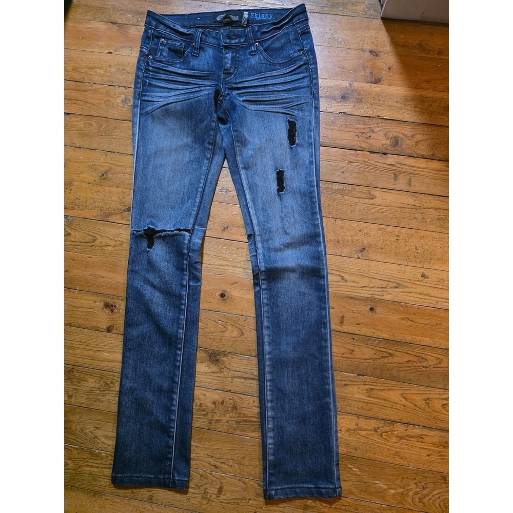 Y2K Volcom Skinny Jeans Womens Dark Wash Distressed‎ Ripped Low Rise Denim Pants
